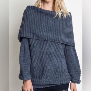 Umgee Blue Ribbed Oversized Sweater Fold Over Neckline Cotton Blend Casual Sm